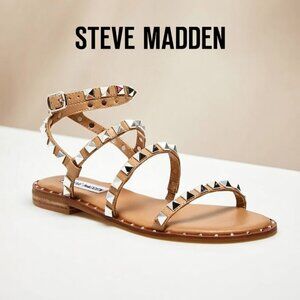 Steve Madden Travel Tan Studded Gladiator Sandals Nude Flat Moto Strappy 6.5